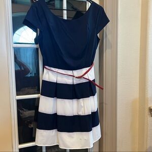 B Darlin Blue and White Asymmetrical Fit and Flare Dress